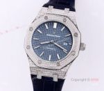 Swiss Replica Iced Out Audemars Piguet Royal Oak Blue Dial Watch - Blue Leather Strap